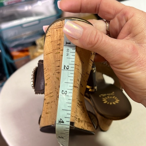 Yellow Box Gable Buckle Rhinestone Embellished Leather Cork Wedge size 9 - Picture 7 of 11